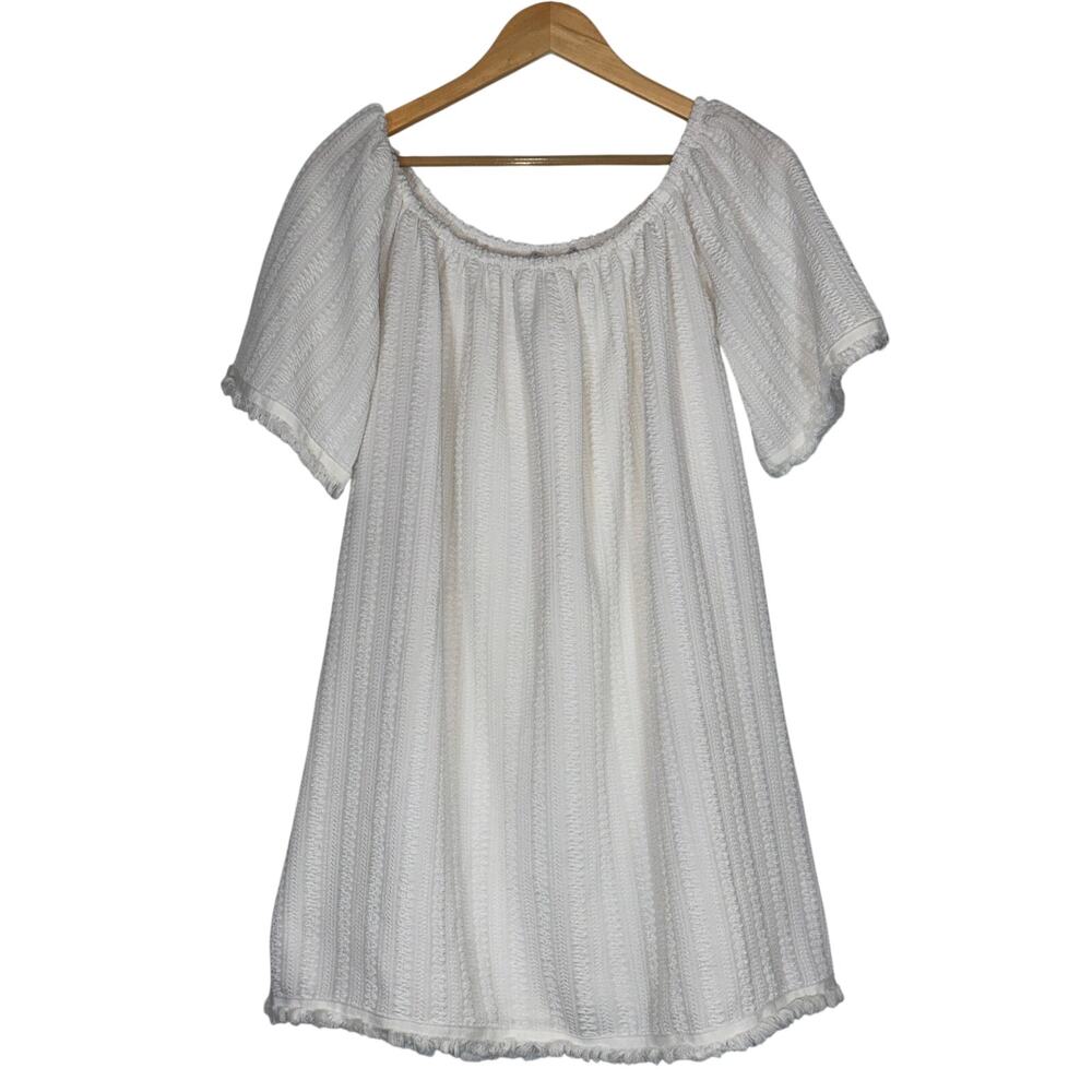 English Factory White Mini Shift Dress Womens Large Fringe Short Sleeve Textured